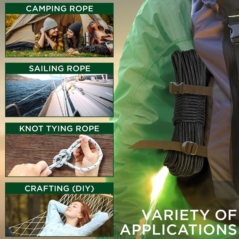 TECEUM Rope – 90 Feet x 3/8 Inch (10mm) – Black – Strong All-Purpose Utility Rope – Camping, Crafting, Flag Pole, Indoor & Outdoor – Polypropylene Nylon Poly Lightweight Diamond Braided Cord - Image 5